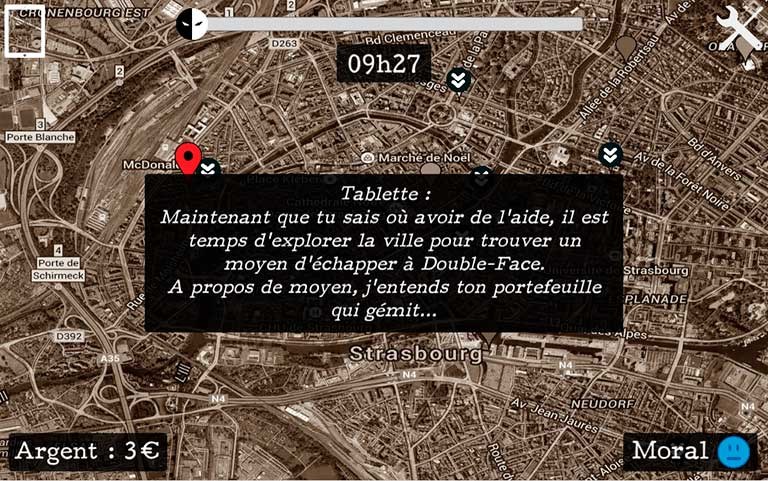 L'interface de mouvement dans Strasbourg reprend le fonctionnement global de Google Maps, avec des indicateurs supplémentaires liés au joueur