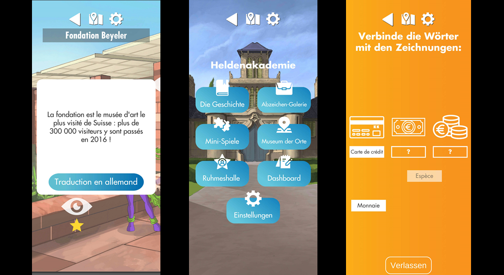 Le jeu est disponible en deux versions : l’une pour apprendre l’allemand, l’autre pour apprendre le français. Les textes et contenus ont été adaptés pour chacun des versions